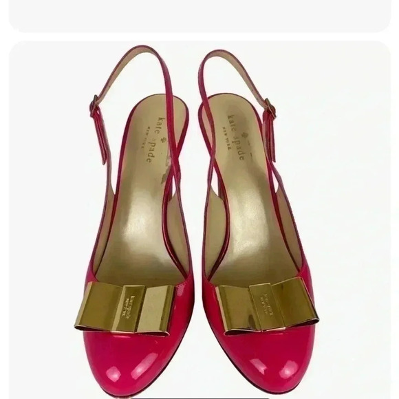 Kate Spade Barbie  Pink Leather Block Heels with Golden Bow- US 8- Italy - Picture 2 of 12